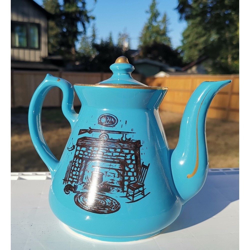 Hall China Philadelphia Blue with Black Decorated Teapot, 6 Cups, H 6.5" VTG